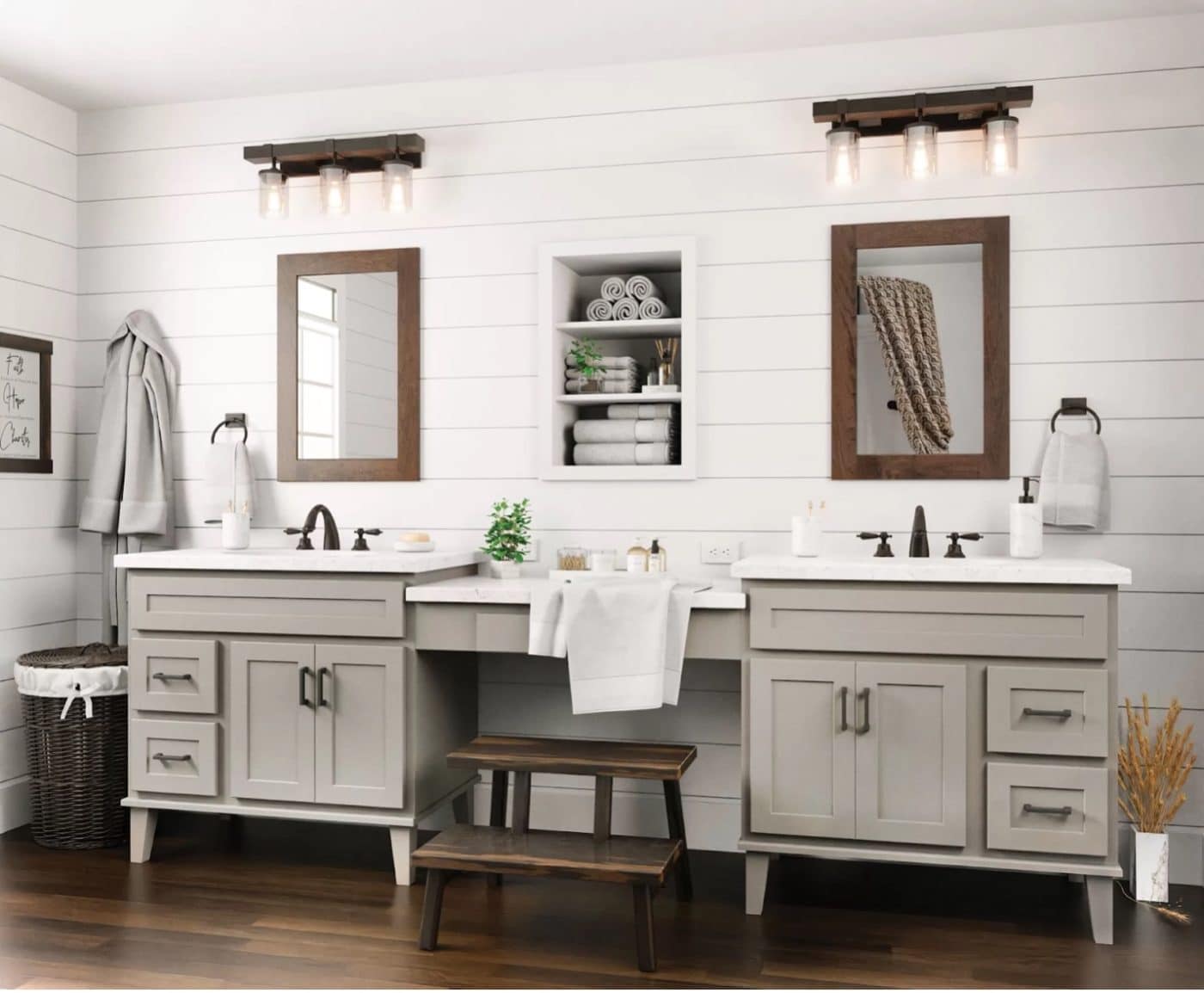 bathroom with gray cabinets