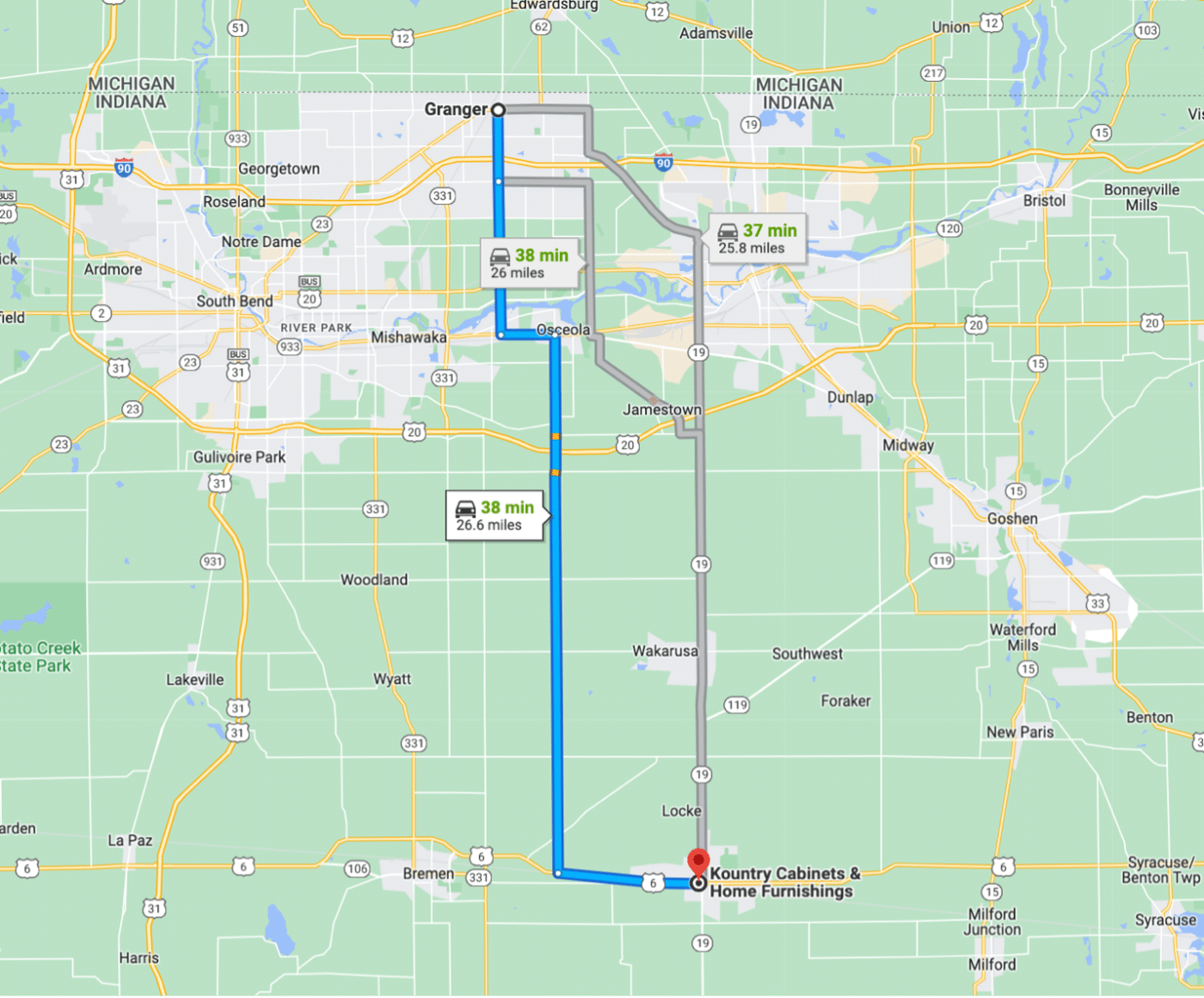 directions from granger indiana