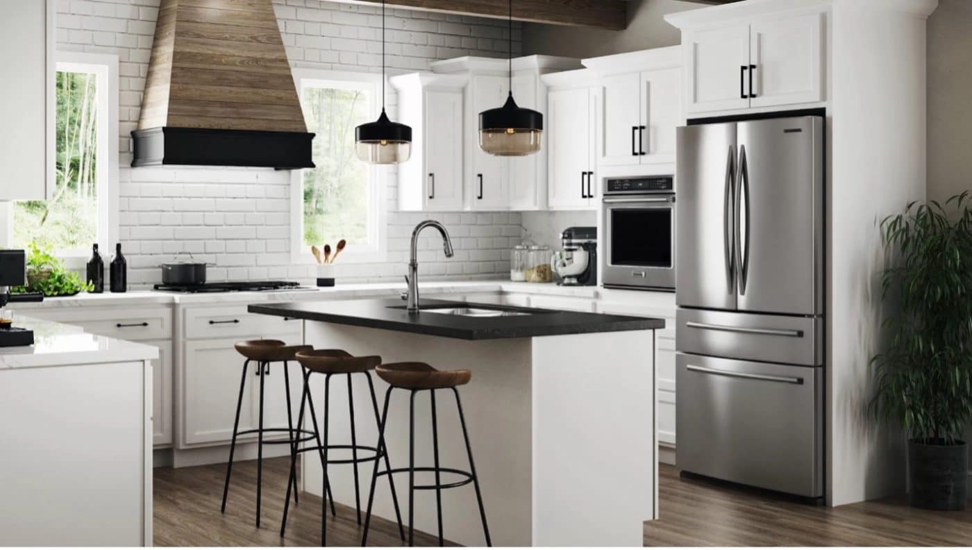 white cabinets with black island and bar stools