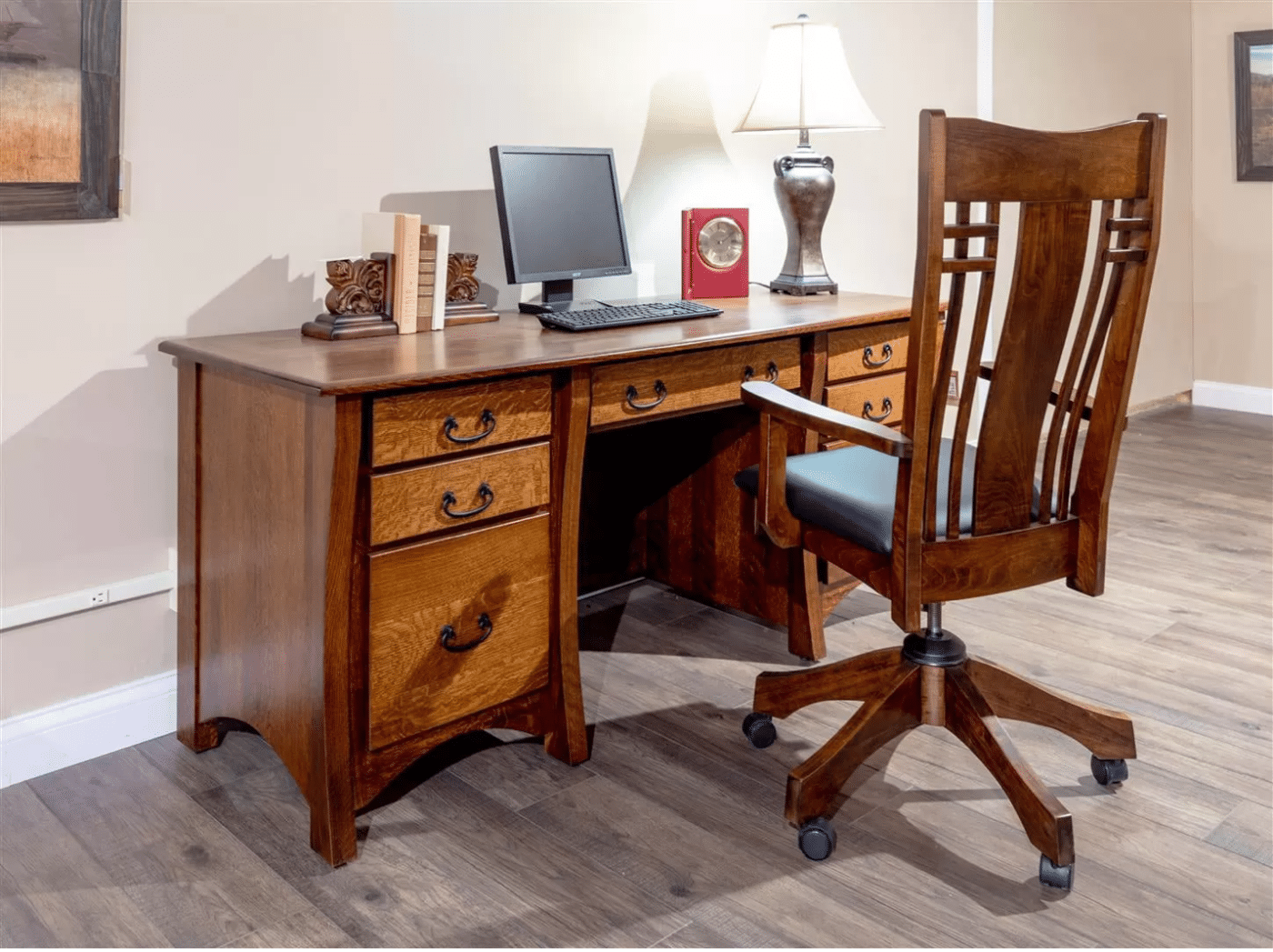 wooden desk with wooden office chair