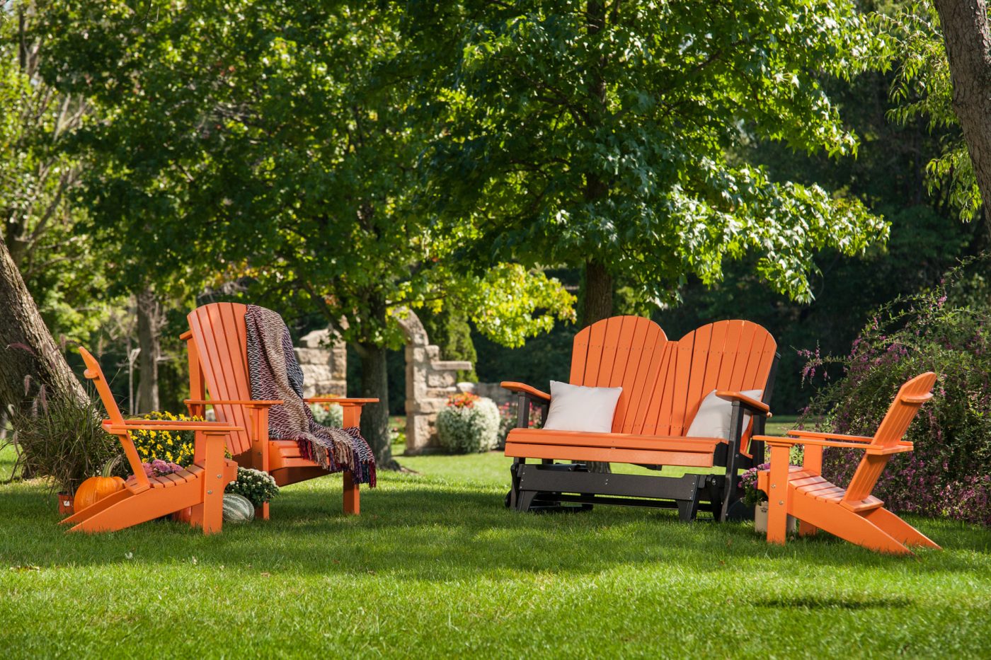 Adirondack Glider Tangerine and Black with Royal Adirondack Chair and Lakeside Adirondack Chairs