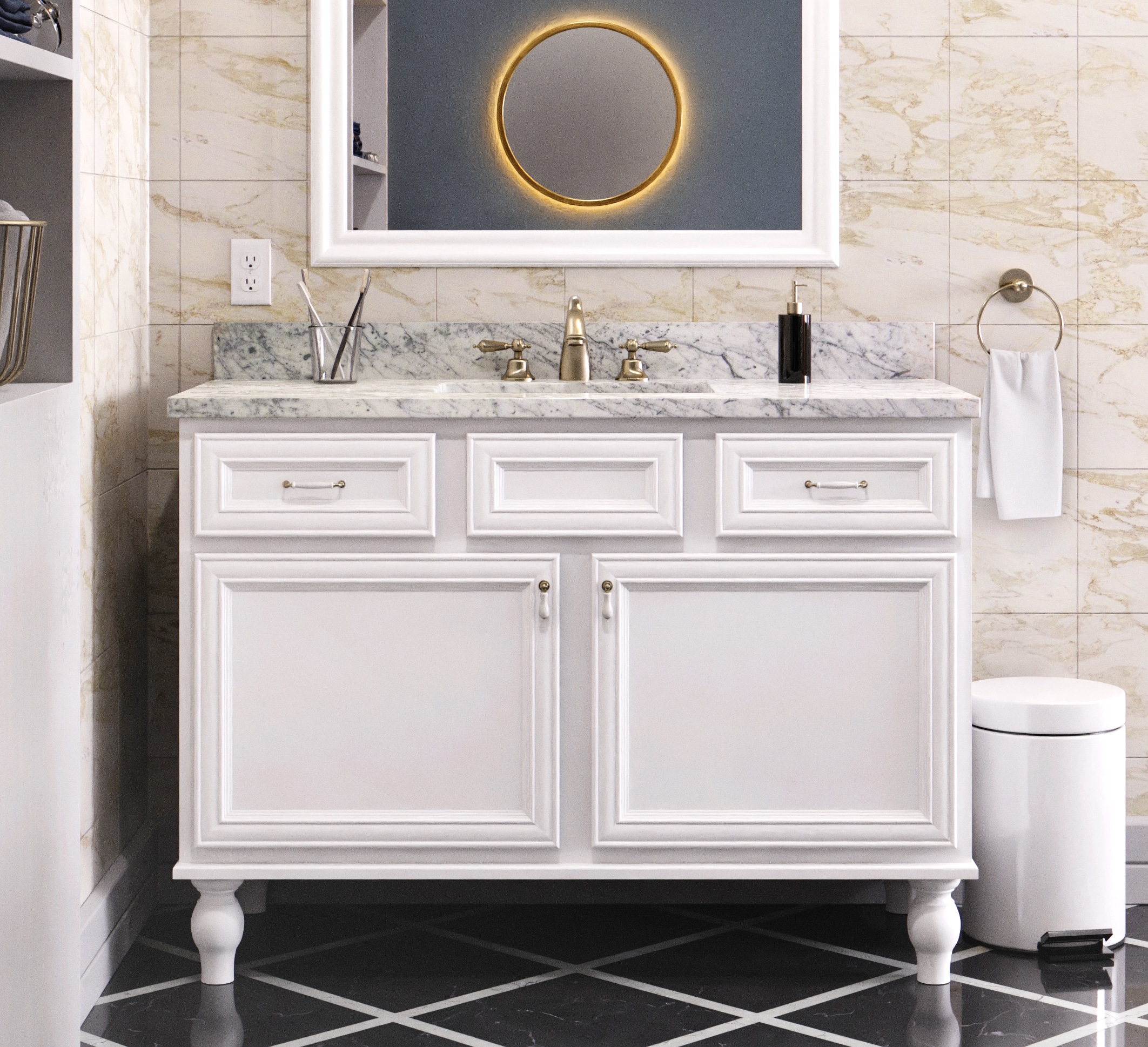 Vanderburgh white bathroom cabinetry.