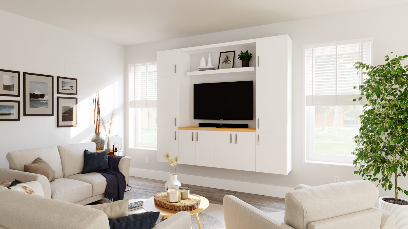 Mission white entertainment center living room cabinets.